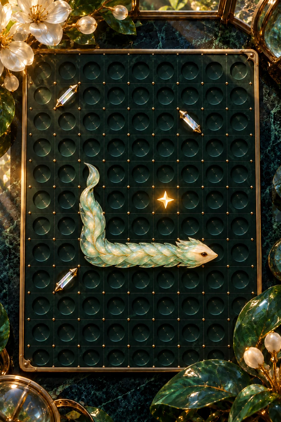 BENDLIGHT concept art: an opaline leafling on an emerald board framed by brass, glass leaves, and pale flowers.