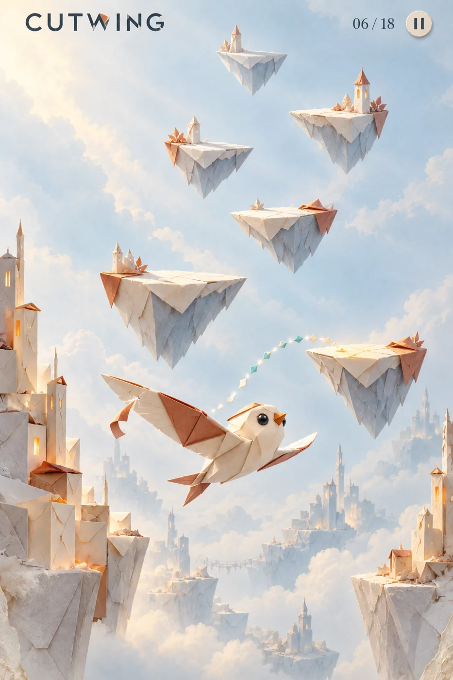 CUTWING concept art: a cream and copper paper bird flying among ivory islands and pointed towers.