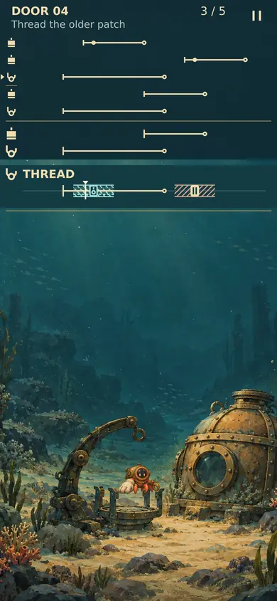 Assembled Afterseal preview with thread paths above a diver's underwater workshop
