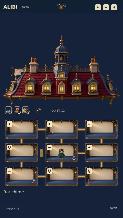 Assembled AlibiCircuit preview with an ornate manor and a grid of small rooms