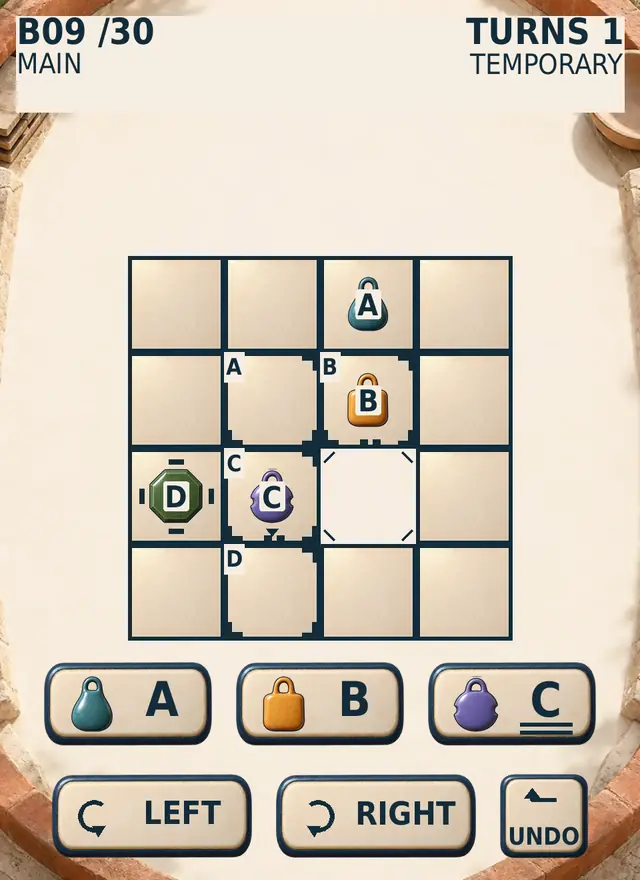Assembled BorrowedHandle preview with colored handles on a square puzzle grid