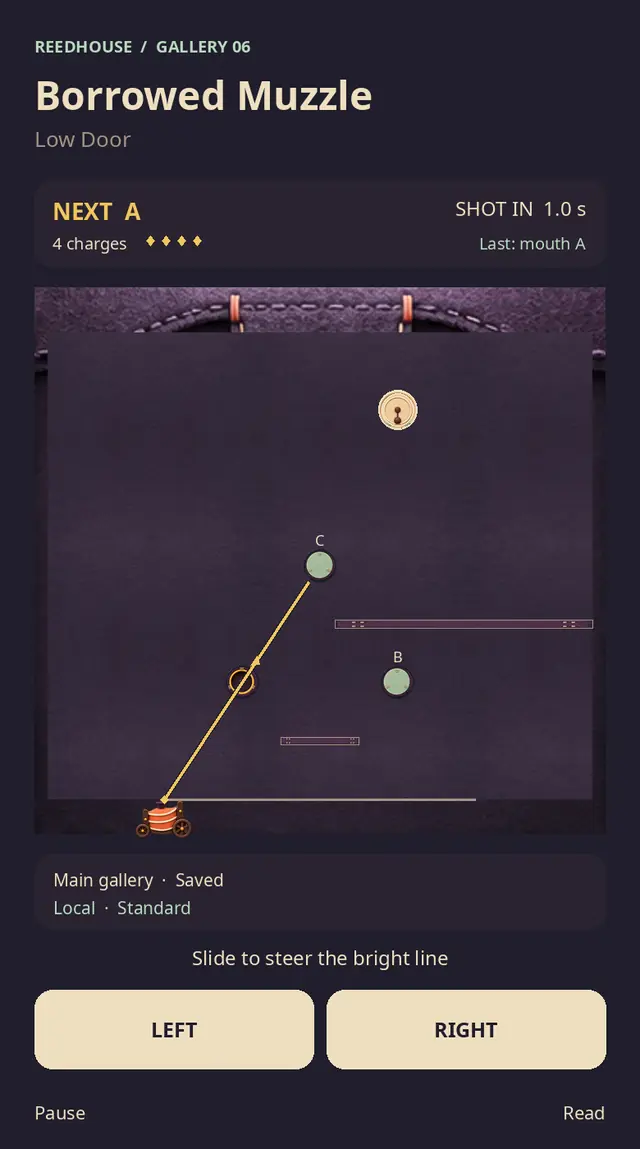 Assembled BorrowedMuzzle preview with a small cannon aiming a bright line across a gallery