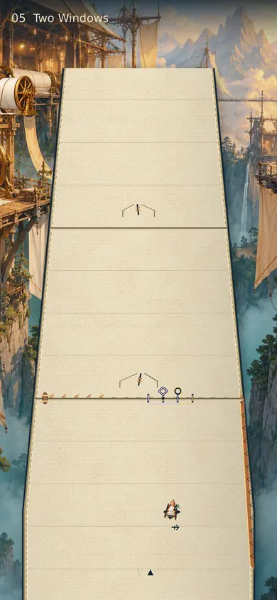 Assembled Camberweave preview with a cloth runway suspended between mountain workshops