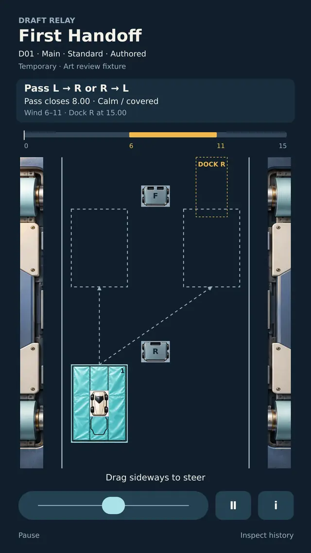 Assembled DraftRelay preview with a vehicle, handoff platforms and wind timing