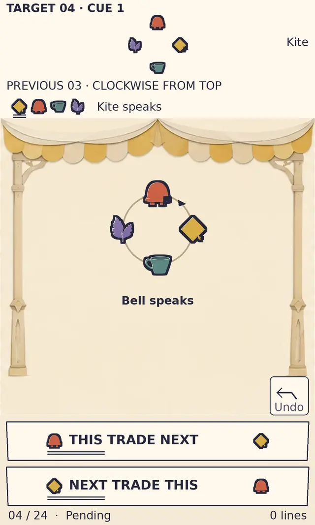 Assembled Lastword preview with bell, kite, leaf and cup symbols on a small stage