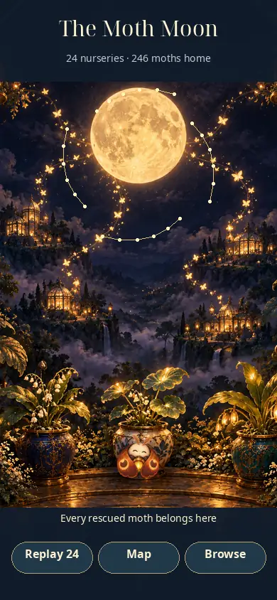 Assembled Moltline preview with glowing moths circling a moon above garden nurseries