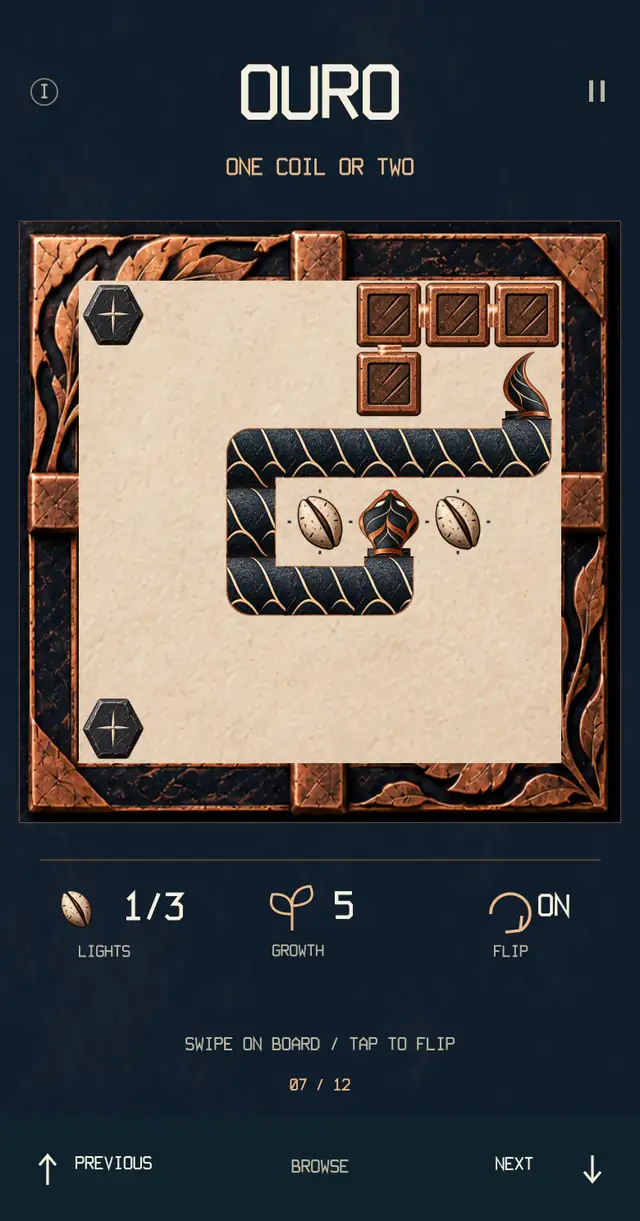 Assembled OURO preview with a black and copper snake on a leaf-framed puzzle board