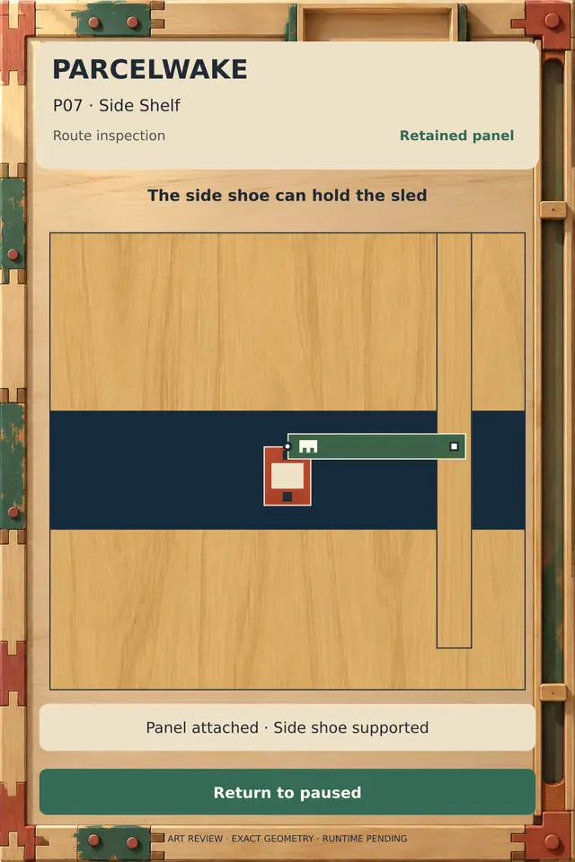 Assembled Parcelwake preview with a supported sled and sliding panel in a wooden frame