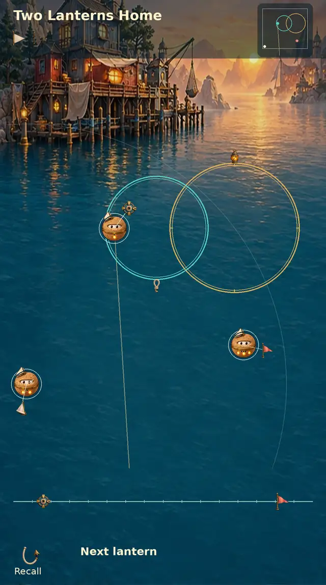 Assembled PinchRelay preview with lantern boats and overlapping loops on a harbor
