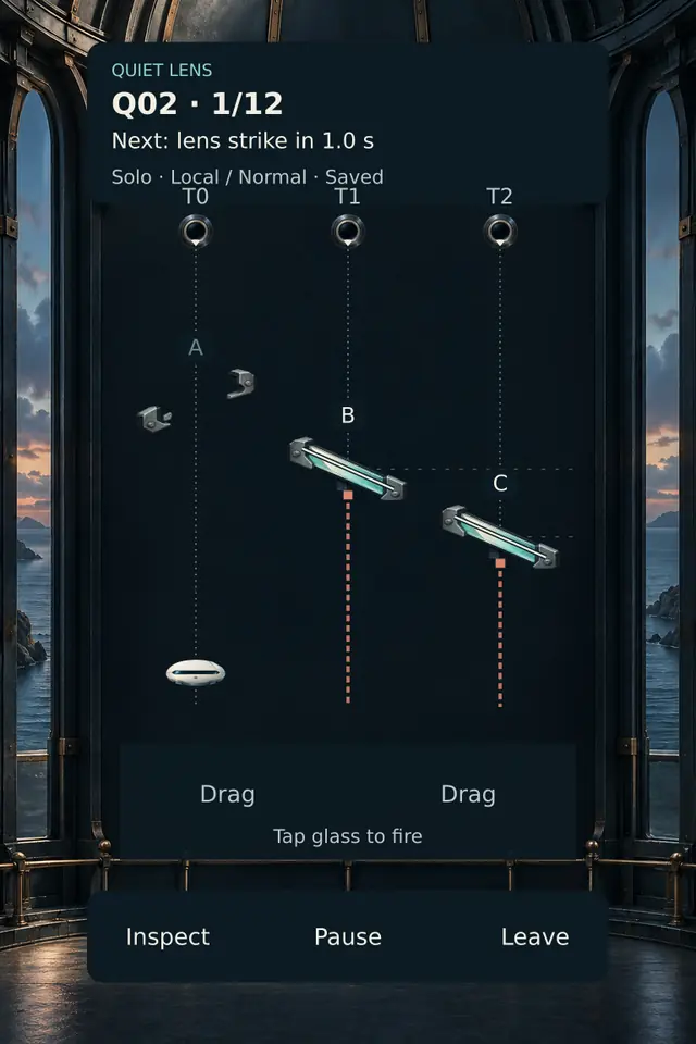 Assembled QuietLens preview with reflective bars and targets in a dark seaside tower