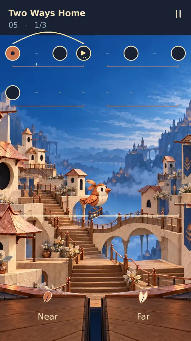 Assembled ReturnChoir preview with a paper bird, musical circles and a city above the clouds