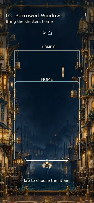 Assembled Returnpost preview with a postal moth and hanging shutters above a moonlit canal