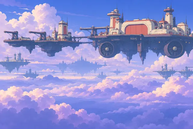 SCRAPHOUND concept art of a floating industrial fortress above lavender clouds