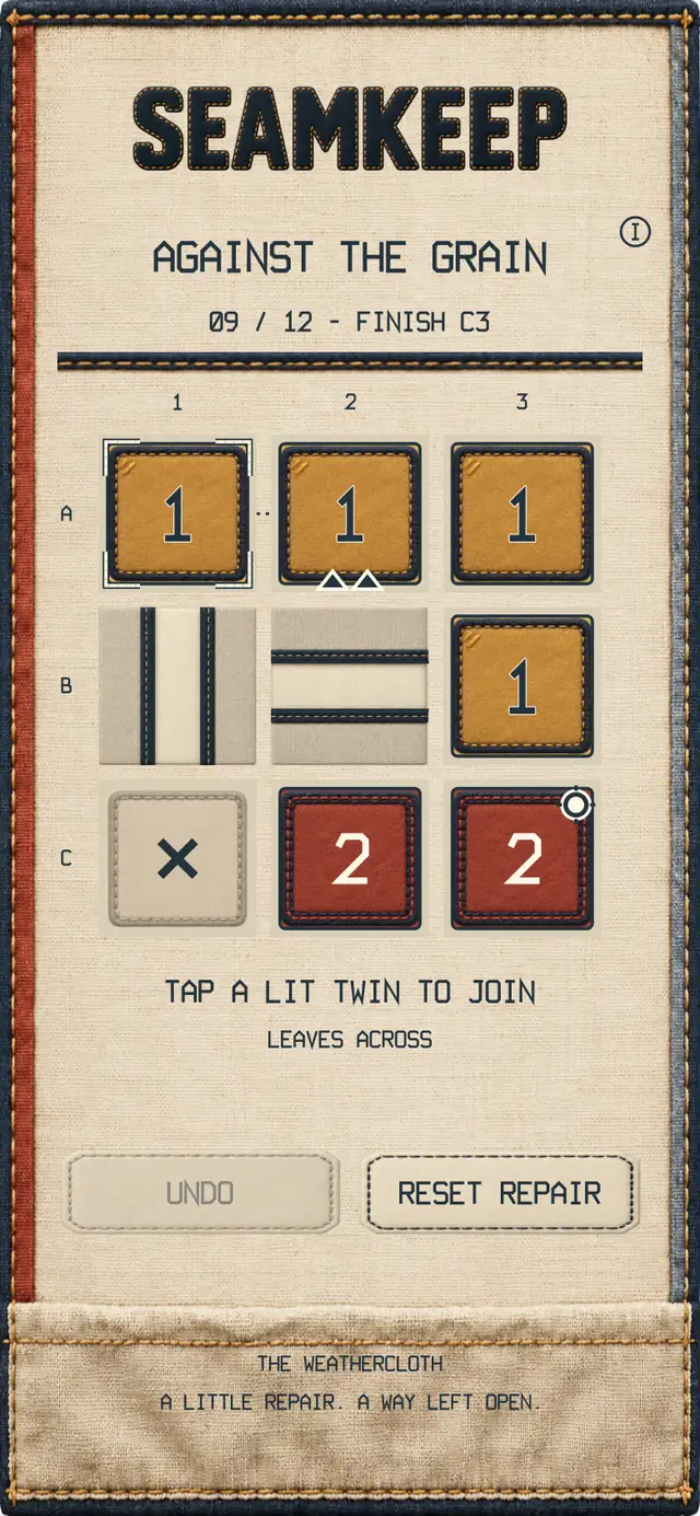 Assembled SEAMKEEP preview with numbered fabric tiles and stitched paths