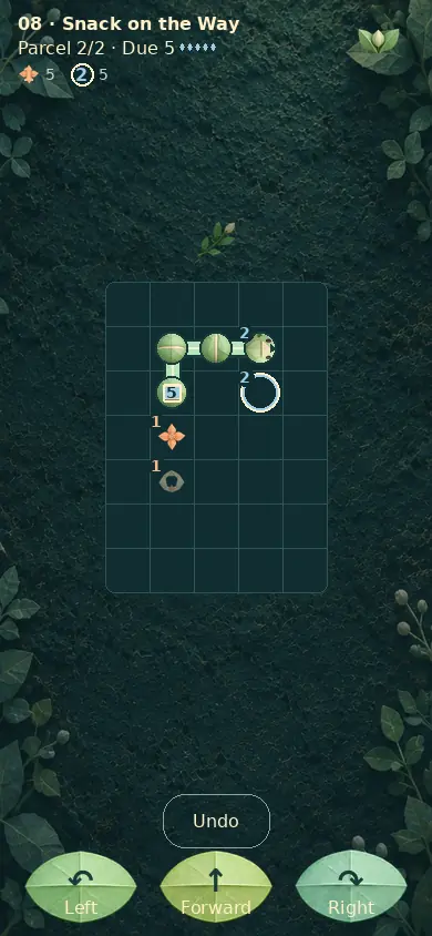 Assembled Seedwake preview with a leafy creature, flowers and parcels on a garden grid