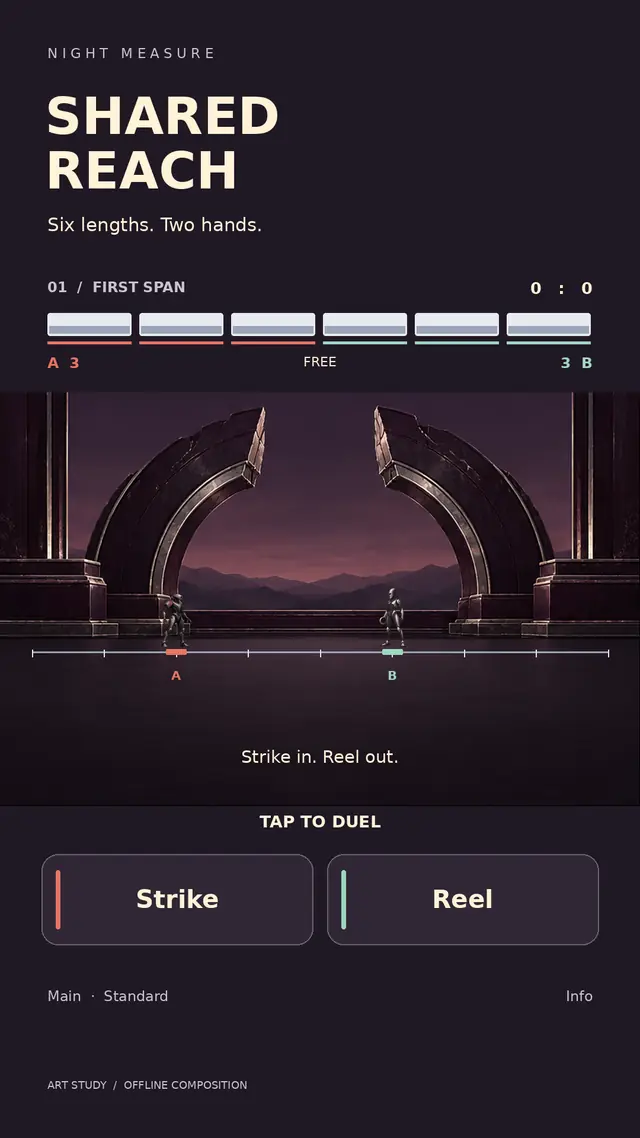 Assembled SharedReach preview with two duelists beneath a broken stone arch