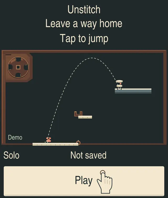 Assembled Unstitch preview with a jumping figure and a dotted arc between platforms