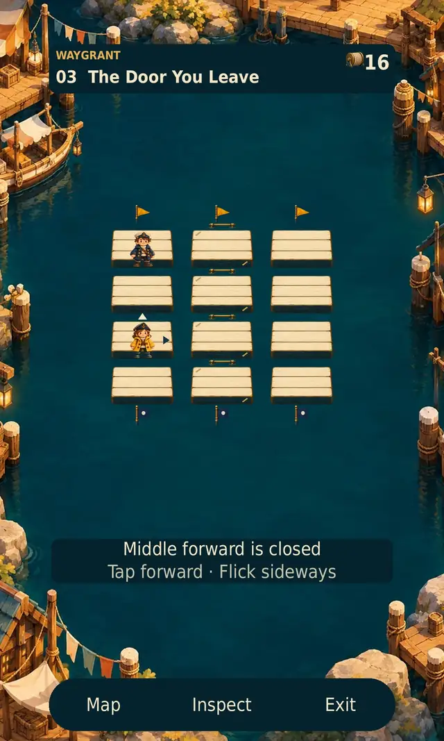 Assembled Waygrant preview with two travelers on a grid of floating harbor platforms