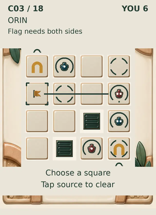 Assembled WitnessStandard preview with colored tokens, a flag and a tiled board