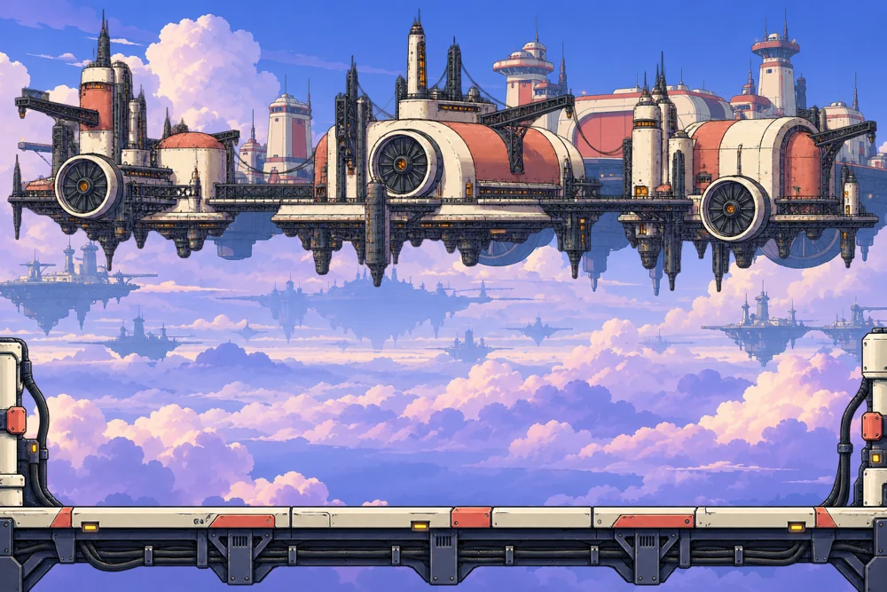 SCRAPHOUND world art: large mechanical foundries suspended above lavender clouds.