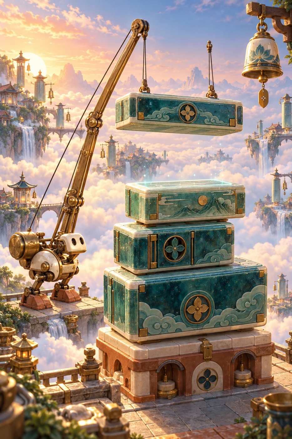 SKYFALL concept art: a brass crane robot lifting a teal ceramic block beside a tower above the clouds.